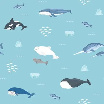 Polar sea animals seamless pattern. Cute Cartoon arctic animals, marine anima 스톡 일러스트