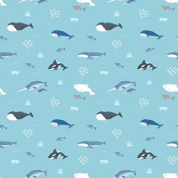 Polar sea animals seamless pattern. Cute Cartoon arctic animals, marine anima Stock Illustration