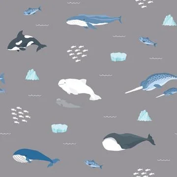 Polar sea animals seamless pattern. Cute Cartoon arctic animals, marine anima Stock Illustration