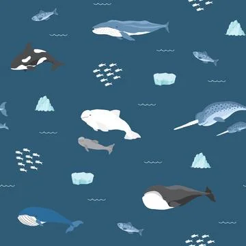 Polar sea animals seamless pattern. Cute Cartoon arctic animals, marine anima 스톡 일러스트