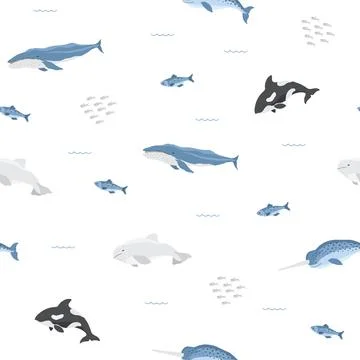 Polar sea animals seamless pattern. Cute Cartoon arctic animals, marine anima 스톡 일러스트