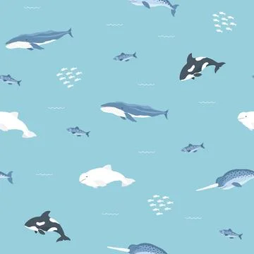 Polar sea animals seamless pattern. Cute Cartoon arctic animals, marine anima Stock Illustration