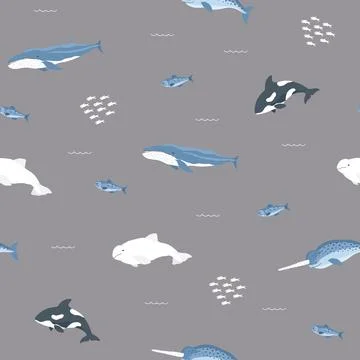 Polar sea animals seamless pattern. Cute Cartoon arctic animals, marine ani.. 스톡 일러스트
