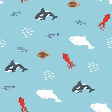 Polar sea animals seamless pattern. Cute Cartoon arctic animals, marine anima 스톡 일러스트
