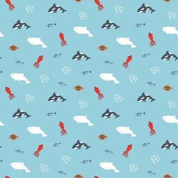 Polar sea animals seamless pattern. Cute Cartoon arctic animals, marine anima 스톡 일러스트