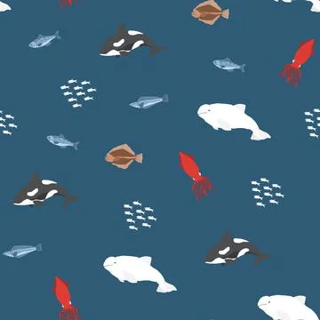 Polar sea animals seamless pattern. Cute Cartoon arctic animals, marine anima 스톡 일러스트