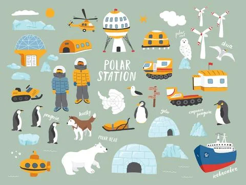 Polar station objects collection. Arctic or Antarctic expedition elements s.. Stock Illustration
