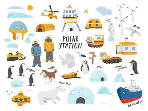 Polar station objects collection. Arctic or Antarctic expedition elements s.. Stock Illustration