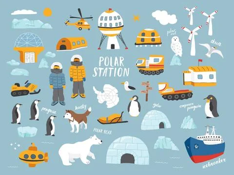 Polar station objects collection. Arctic or Antarctic expedition elements s.. Stock Illustration