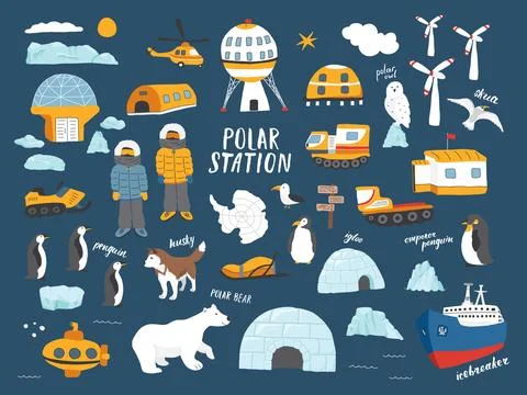 Polar station objects collection. Arctic or Antarctic expedition elements s.. Stockillustratie