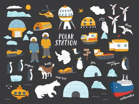 Polar station objects collection. Arctic or Antarctic expedition elements s.. Stockillustratie