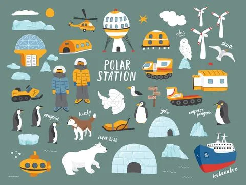 Polar station objects collection. Arctic or Antarctic expedition elements s.. Stock Illustration