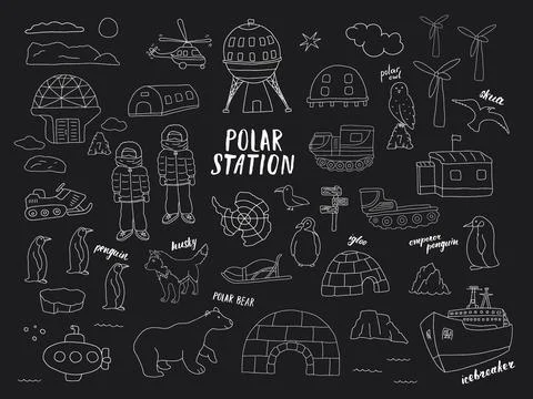 Polar station objects collection. Arctic or Antarctic expedition elements s.. Stockillustratie