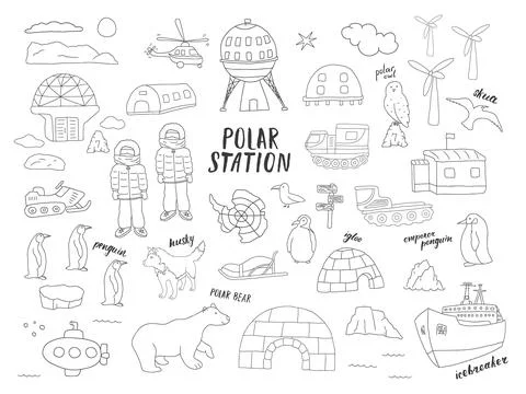 Polar station objects collection. Arctic or Antarctic expedition elements s.. Stock Illustration