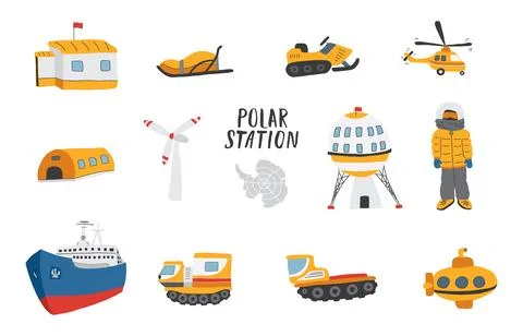 Polar station objects collection. Arctic or Antarctic expedition elements set イラスト素材