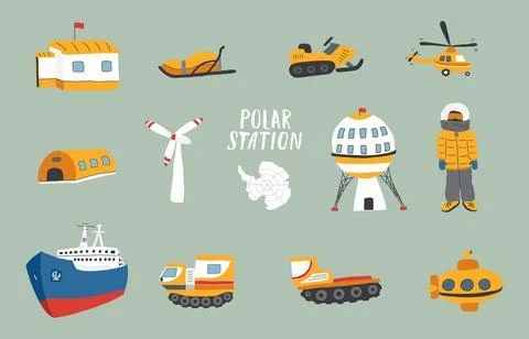 Polar station objects collection. Arctic or Antarctic expedition elements set イラスト素材