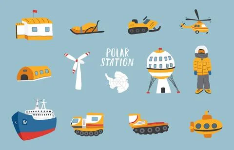 Polar station objects collection. Arctic or Antarctic expedition elements s.. Stock Illustration
