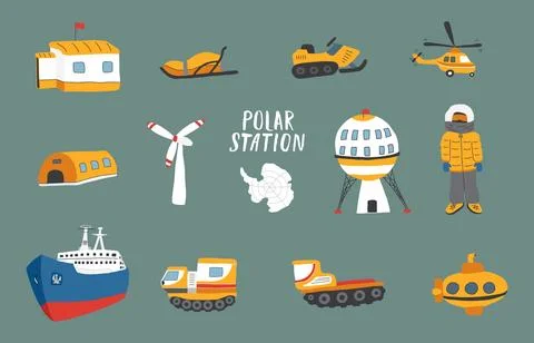 Polar station objects collection. Arctic or Antarctic expedition elements s.. Stock Illustration