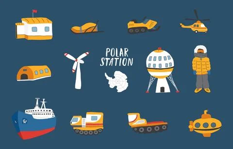 Polar station objects collection. Arctic or Antarctic expedition elements set Stock Illustration