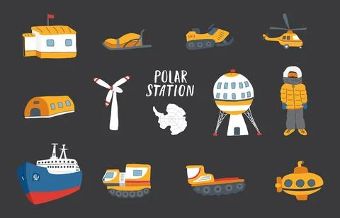 Polar station objects collection. Arctic or Antarctic expedition elements s.. イラスト素材