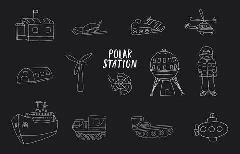 Polar station objects collection. Arctic or Antarctic expedition elements s.. Stock Illustration