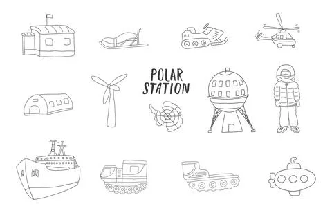 Polar station objects collection. Arctic or Antarctic expedition elements s.. Stock Illustration