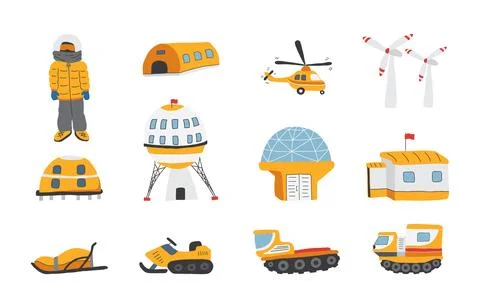Polar station objects collection. Arctic or Antarctic expedition elements set イラスト素材