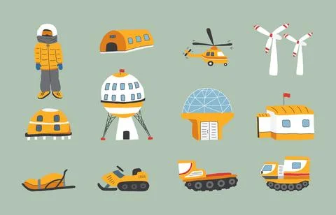 Polar station objects collection. Arctic or Antarctic expedition elements set イラスト素材