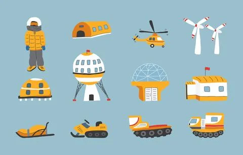 Polar station objects collection. Arctic or Antarctic expedition elements s.. イラスト素材