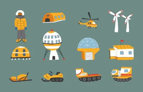 Polar station objects collection. Arctic or Antarctic expedition elements set イラスト素材