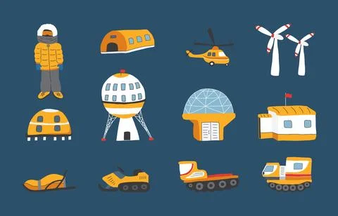Polar station objects collection. Arctic or Antarctic expedition elements s.. イラスト素材