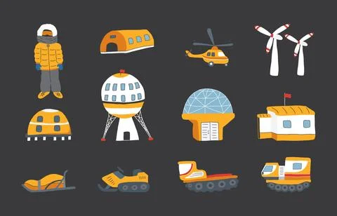 Polar station objects collection. Arctic or Antarctic expedition elements s.. イラスト素材