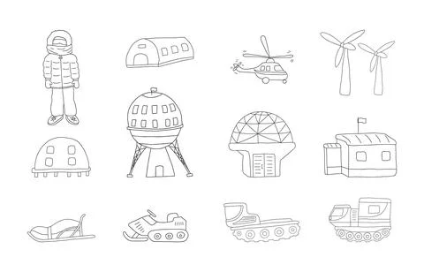 Polar station objects collection. Arctic or Antarctic expedition elements s.. Stock Illustration