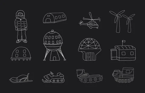 Polar station objects collection. Arctic or Antarctic expedition elements s.. Stock Illustration