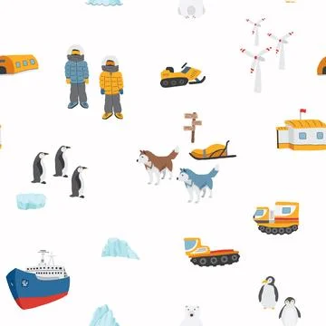 Polar station seamless pattern. Cute Cartoon arctic animals background. Vec.. Stock Illustration