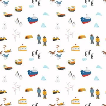 Polar station seamless pattern. Cute Cartoon arctic animals background. Vecto Stock Illustration