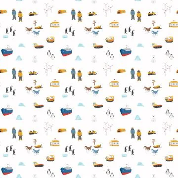 Polar station seamless pattern. Cute Cartoon arctic animals background. Vecto Stock Illustration