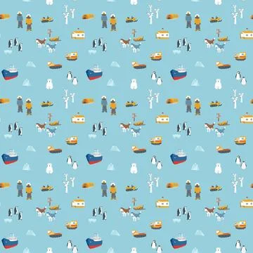 Polar station seamless pattern. Cute Cartoon arctic animals background. Vecto Stock Illustration