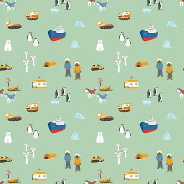 Polar station seamless pattern. Cute Cartoon arctic animals background. Vecto Stock Illustration