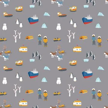 Polar station seamless pattern. Cute Cartoon arctic animals background. Vecto Stock Illustration