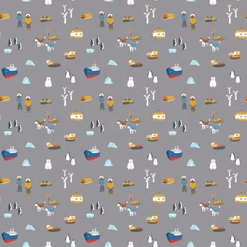 Polar station seamless pattern. Cute Cartoon arctic animals background. Vec.. Stock Illustration