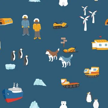 Polar station seamless pattern. Cute Cartoon arctic animals background. Vecto Stock Illustration