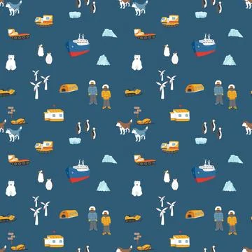 Polar station seamless pattern. Cute Cartoon arctic animals background. Vecto Stock Illustration