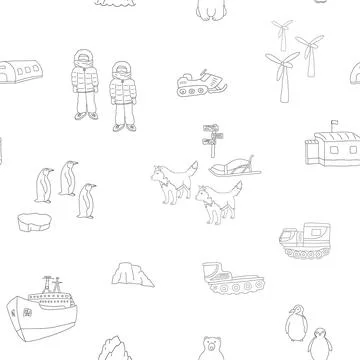 Polar station seamless pattern. Cute Cartoon arctic animals background. Vecto Stock Illustration