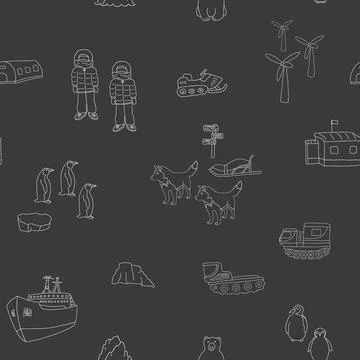 Polar station seamless pattern. Cute Cartoon arctic animals background. Vecto Stock Illustration