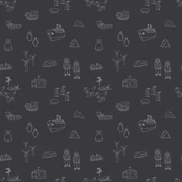 Polar station seamless pattern. Cute Cartoon arctic animals background. Vecto Stock Illustration
