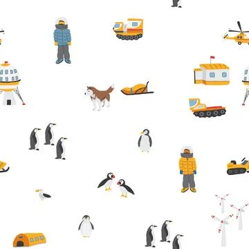 Polar station seamless pattern. Cute Cartoon arctic animals background. Vec.. Stock Illustration