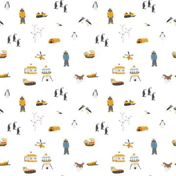 Polar station seamless pattern. Cute Cartoon arctic animals background. Vec.. Stock Illustration