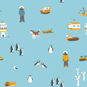Polar station seamless pattern. Cute Cartoon arctic animals background. Vecto Stock Illustration
