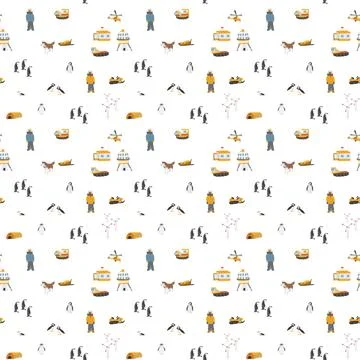 Polar station seamless pattern. Cute Cartoon arctic animals background. Vecto Stock Illustration